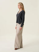 kadın v yaka kazak, triko, yün, gri melanj