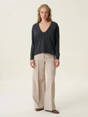 kadın v yaka kazak, triko, yün, gri melanj