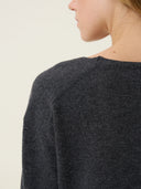 kadın v yaka kazak, triko, yün, gri melanj