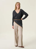 kadın v yaka kazak, triko, yün, gri melanj