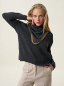 kadın v yaka kazak, triko, yün, gri melanj