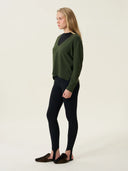 kadın v yaka kazak, triko, yün, haki