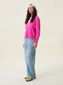 kadın v yaka kazak, triko, yün, pembe