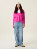 kadın v yaka kazak, triko, yün, pembe