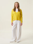 kadın v yaka kazak, triko, yün, sarı