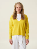 kadın v yaka kazak, triko, yün, sarı