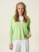 kadın v yaka kazak, triko, yün, açık yeşil