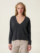 kadın v yaka kazak, triko, yün, gri melanj