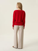 kadın v yaka kazak, triko, yün, kırmızı