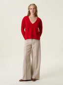 kadın v yaka kazak, triko, yün, kırmızı