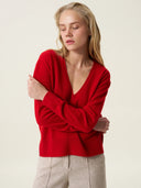 kadın v yaka kazak, triko, yün, kırmızı