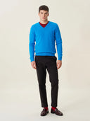 erkek v yaka kazak, triko, yün, mavi