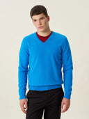 erkek v yaka kazak, triko, yün, mavi