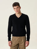 erkek v yaka kazak, triko, yün, siyah