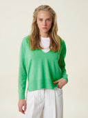 kadın v yaka kazak, triko, yün, yeşil